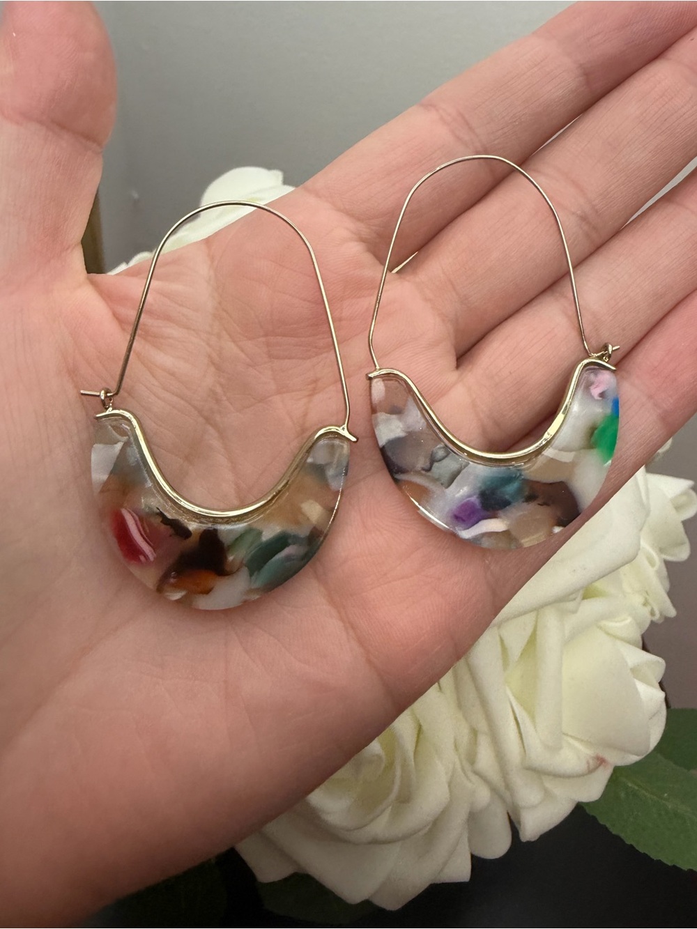 Gold Hoop Earrings with Multicolor Resin Inlay - Women Jewelry